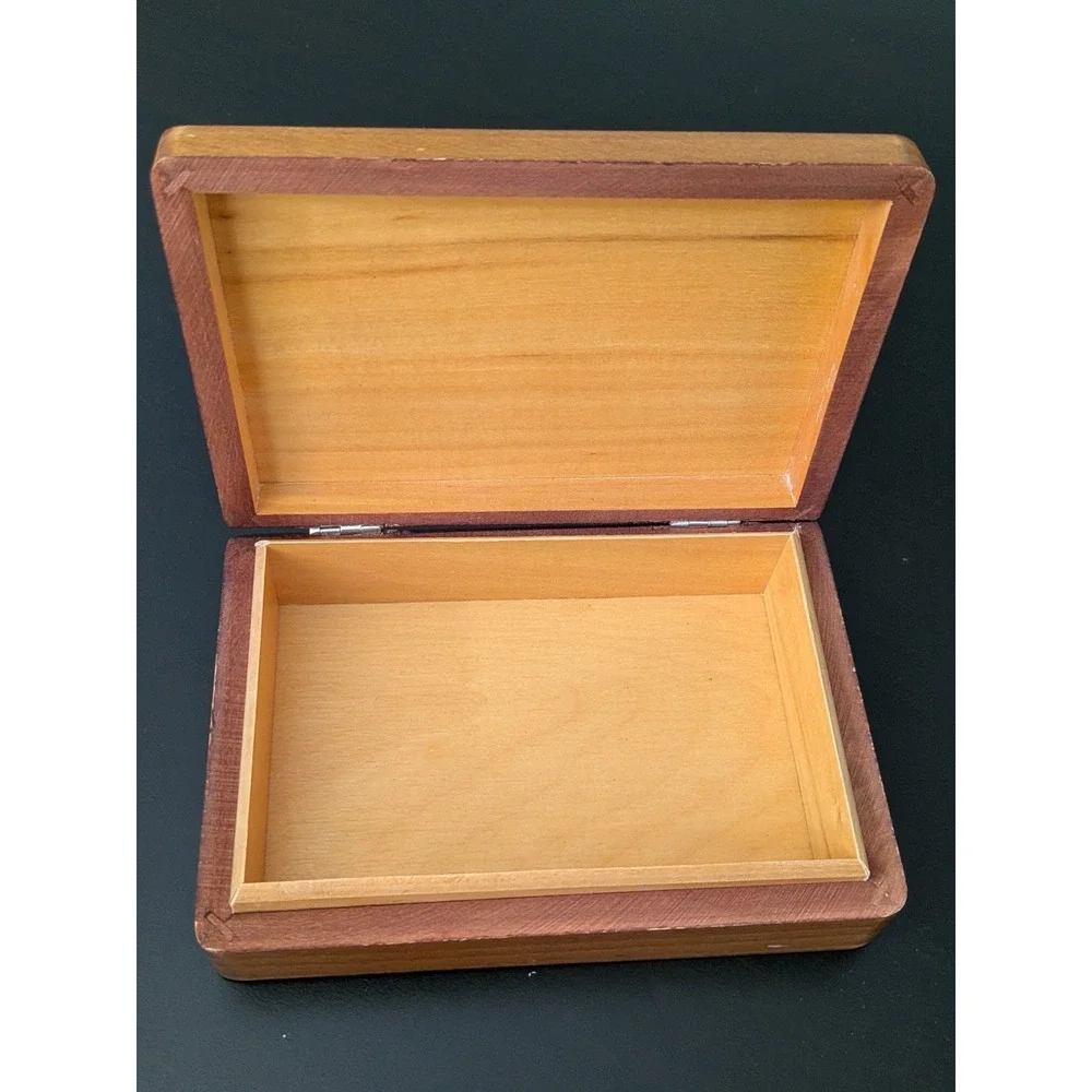 Vintage Wooden Jewelry Box Trinket Box Etched Train Design Poland 5.5